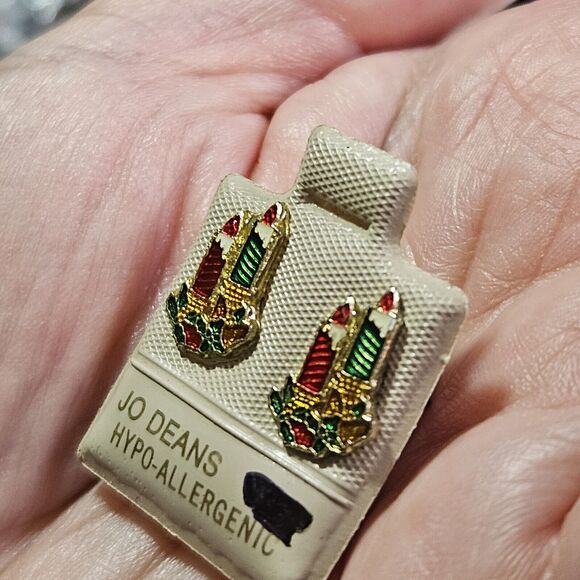 Vintage Jo Deans Christmas Candle Enamel Stud Earrings - Picture 2 of 13